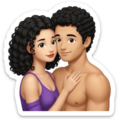 a strong man with straight short black hair kissing a shorter girl with long black curly hair sticker