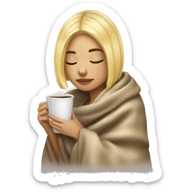 Blonde girl with bob haircut inside a blanket sipping coffee eyes closed sticker