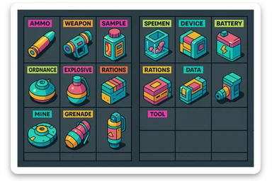 a virtual display, a gray grid with darker gray cells, each cell containing an item viewed in isometric minimalism render The cells have pastel neon colored labels in their upper corner, indicating various traits of the items. retrofuturism, circa 2880's.
The items are scientific and military in nature - varieties of munitions, scientific samples, rations, data storage, utilities. There are two arrays of grids, one left, one right. Each array has a few empty spaces at the bottom. "graphic realism." brutalism. the items are adorned in bright colors, neon-safety, early 90's pallete sticker