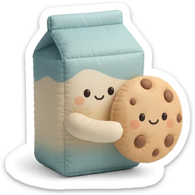 a cushion style milk carton hugging a cookie, both with cute faces, soft and puffy look, pastel palette sticker