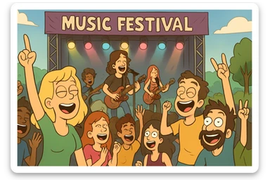 music festival, vibrant outdoor scene, crowd, stage, colorful lights, energetic atmosphere, cartoon style sticker