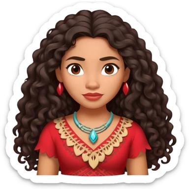 Moana character with long curly dark hair, wearing a red top, Polynesian princess sticker