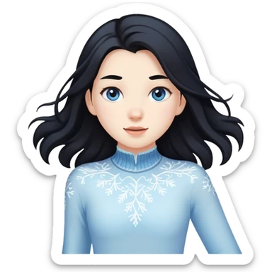 pale girl with long black hair ice skating, iOS emoji style sticker