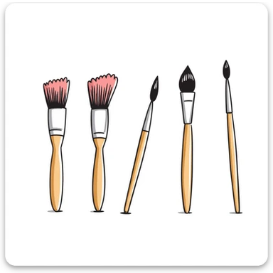 Set of artist paintbrushes in different sizes and shapes with wooden handles and colorful bristles. Using specific pastel colors (dd9fb0, ffc6d3, a3bfc9, c4bee2, f1b091). Hand-drawn doodle style with intricate details. Some brushes have paint on their tips. Transparent background. sticker