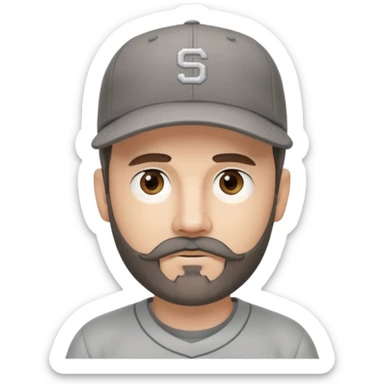 white male with dark brown goatee beard and moustache with grey tones wearing a grey baseball cap back to front with hazel eyes sticker