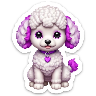 Two white toy poodle–style dogs, fluffy curly fur, round faces, black button eyes, pink and purple dyed ears and paws (magenta/violet tips). One standing upright, one sitting. Cute, plush, emoji style. sticker