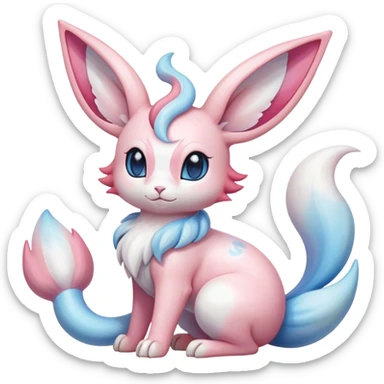 Feral Rare Fantasy cute realistic adorable pastel pink light-blue white iridescent Sylveon-Milotic-Minccino-Vernid-hybrid by LiLaiRa, markings, tufted ears, full body sticker