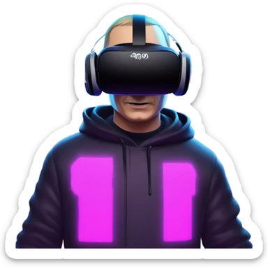 Vladimir Putin wearing a black hoodie with "OMG" letters on it and VR headset oculus quest 2 in a cyberpunk VR environment with violet neon lighting. sticker