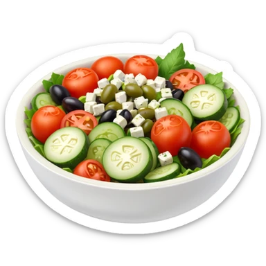 mediterranean salad bowl object icon, tomatoes, cucumbers, olives, feta cheese, olive oil dressing, 3D cartoon, mobile game icon style, clean background, no text, no watermark
 sticker