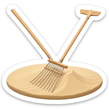 Minimalist emoji of a traditional Japanese zen garden rake (kumade) thin and balanced lines, natural light wood texture, soft sand-beige and warm neutral tones, flat vector style with subtle depth, centered composition, transparent background sticker