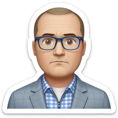50-year-old heavyset man with very wide face and prominent square jawline. Short straight hair combed to the side, not balding. Large dark square glasses. Serious-relaxed expression. Light gray jacket that fits his larger frame, white shirt with blue checkered pattern. sticker
