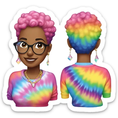 Plus size black woman with pink curly pixie cut hair and a rainbow tie dye sweater , and diamond stud earrings  sticker