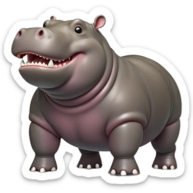 cinematic-hippo-realistic-full-body side view-standing on all fours-emoji,-massive-round-frame,-wide-mouthed-grin-exposing-huge-teeth,-head-tilted-dramatically,-thick-greyish-brown-hide-glossy-from-water,-simplified-yet-realistic-focused-features,-highly-detailed,-glowing-with-an-almost-sarcastic-glow showing only 4 theeth sticker