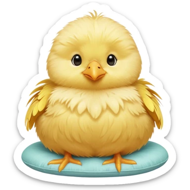 Cinematic round fluffy chick, golden yellow, tiny beak and feet, soft downy feathers, sparkling gentle eyes, sitting on a pastel-colored cushion, radiating warmth and sweetness. sticker