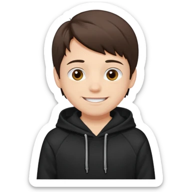A brunette boy, short straight hair, light brown eyes, with a black sweatshirt with a hoodie, and smile without teeth  sticker