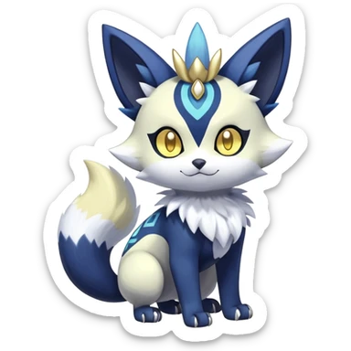 Shiny mExotic Colorfulj Excessive Mysterious Gothic Meowstic-Poochyena-Pokémon-Fakémon-hybrid-creature (full body) with pattern-markings with golden eyes sticker