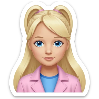 Emma Bunton with long blonde ponytail hair, blue eyes, light pink outfit sticker