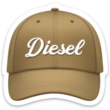 Dark khaki Diesel cap with white cursive 'Diesel' script writing and Diesel logo underneath, no person, isolated baseball cap sticker