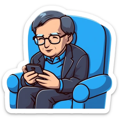 Stephen Hawking with glasses sitting on a couch playing a mobile phone game sticker
