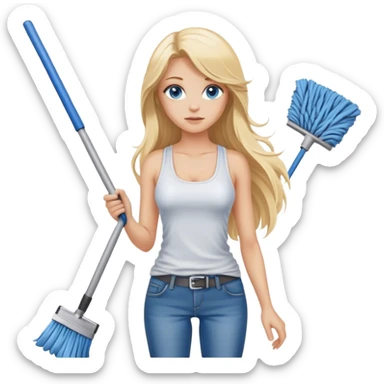 Cinematic realistic blonde with long hair and blue eyes, dressed in jeans and a tank top, holding a mop in her hands sticker