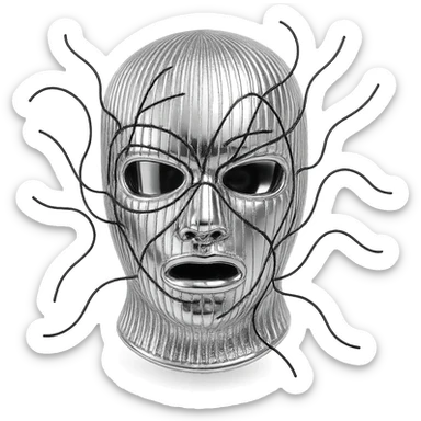The mask is a full-head, white knitted balaclava with a tight ribbed texture. It features two asymmetrical eye openings and a partially exposed mouth area. Black thread is stitched across the surface in chaotic, abstract lines that trace facial features, giving a hand-drawn effect. Several black cords extend outward from the mask, varying in length and direction, adding a sculptural, almost organic appearance. The overall look is bold, handcrafted, and visually striking. sticker