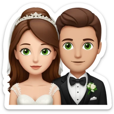 Brown hair bride and groom, bride (woman) has brown eyes, groom (man)  has green eyes, black suite sticker