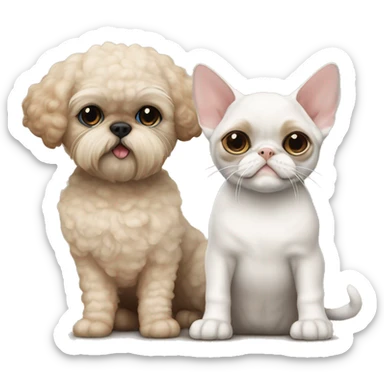Beige blue eyed Devon Rex Cat sitting next to a larger beige shih tzu  dog  sticker