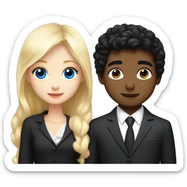 boy with black hair and blue eyes in suit kissing blond girl with hazel eyes with a cute black dress and both are white pale sticker