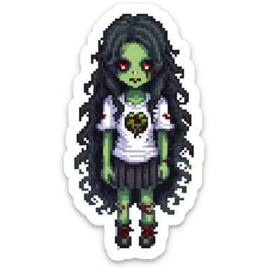girl zombie with black long curly hair, emo style sticker