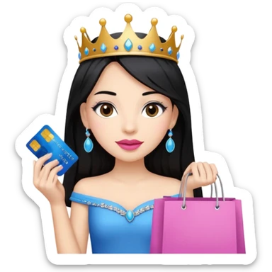 Girl with long black hair and tiara pink lipstick, brown eyes holding shopping bags and blue credit card sticker