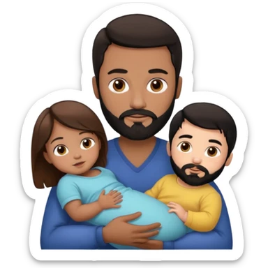 Una mujer con pelo castaño y ojos marrones  con un bebé y un hombre con pelo negro y barba sin bebe sticker