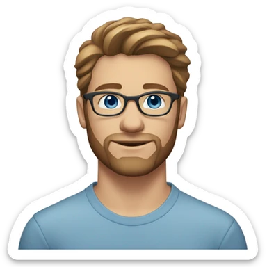 A head and shoulders shot of a 26 year old Caucasian man, with short brown hair, with beard facial hair,  wearing glasses with blue eyes wearing a t-shirt. sticker