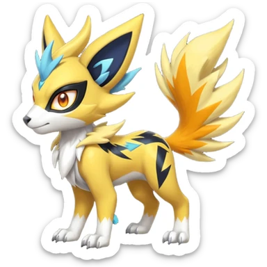 Feral Scaly Striking Slaying Badass Evil Handsome Lightning-patterned Zig-zagged buzzy fuzzy Meloetta-Renamon-Zeraora-Luxray-Cobalion-Absol-Vernid-fusion-hybrid-creature, full body  sticker