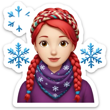 A red braid hair cheerful woman with patterned scarf, snowflakes land on her hair. sticker