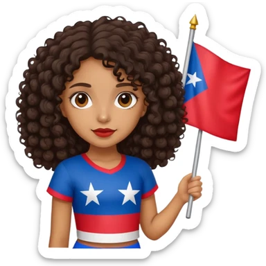 Tan skin girl with dark curly hair holding a Puerto Rican flag sticker
