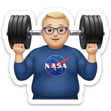 happy chubby man, lifts weights,  blond short and hight receding hairline, wearing a dark blue sweatshirt, nasa logo on the sweatshirt, round glasses without frame, 40 years old sticker