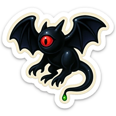 an all black reptilian bat-like creature. One cyclopian red eye in its face. no visible mouth or ears. has a long tale with a stinger that drips green poison sticker