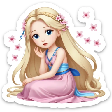 Girl with long blond hair and sakura accessories on her hair with a long tailed dress on the floor and have blue eyes beautiful finish and she sending lovely kisses  sticker