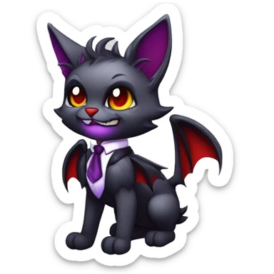 Anthro-Cute-Evil-Vampiric-Batty-Cat-Black-Purple-Red-Grey-White-Yellow-Contrast-Colors-Fantasy-Fur-Sona-Chibi-Shiny-Fakémon-Hybrid with horns and big fangs neck tie leg spats full body sticker