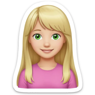 Menina branca de cabelo loiro longo de franja na testa sorrindo blusa rosa olho verde sticker