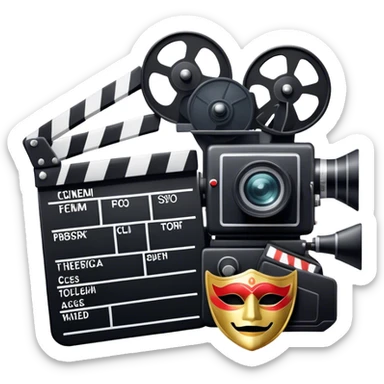 Icon for Acting in Theater and Movie: a stage with a spotlight and cinema, a film camera, a clapperboard and a dramatic mask. The design should represent both theatrical performance and cinematic art. Transparent background. sticker