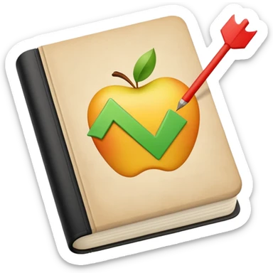 apple style emoji of an open trading wisdom journal with market lessons, trader’s reflections, key adjustments, checkmark for discipline, thought bubble for reflection, upward arrow for progress, clean minimalist design sticker