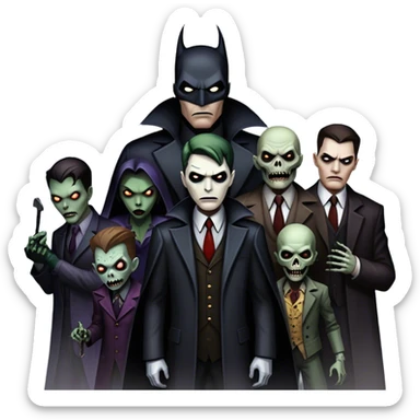 Icon for Thriller Movies: A large, dramatic collage featuring sinister villains and zombies in dark clothing. The background shows the gloomy cityscape of Gotham with dim lighting and eerie shadows. The atmosphere should be tense, mysterious, and suspenseful. Transparent background. sticker