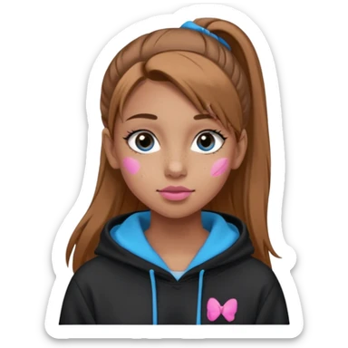 Create a teenage girl with straight light brown hair pulled into a ponytail, tan skin, light freckles, and blue-grey eyes. She will have pink lips and long black eyelashes. She will be wearing a big black hoodie. sticker