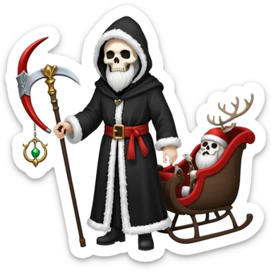 the Grim reaper dressed as Santa.... What gifts would be in his Sleigh.... What would his Sleigh likely look like.... Would the reindeer be skeletons, or ordinary reindeer? sticker