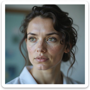 realistic woman with PCOS, face with acne, facial hair, thinning hair, clinical atmosphere, hyperrealistic 4K details sticker