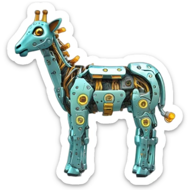 Una girafa robotica con patrones de circuitos brillantes en su piel, piernas con juntas móviles y piezas de metal relucientes sticker