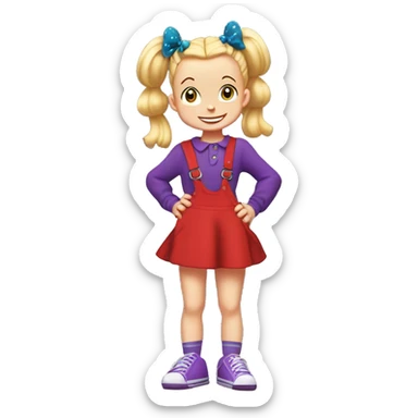 A little blonde girl with pigtails and little purple bows wearing a red long-sleeved shirt and purple overalls skirt with blue tights with green polka dots and purple sneakers, full body, rugrats sticker
