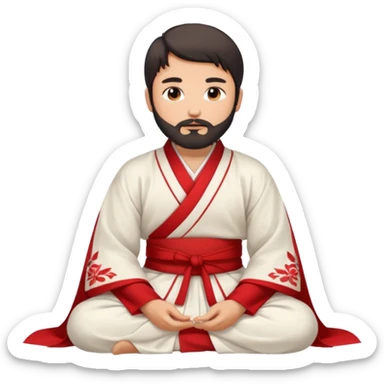 Beautiful man with lightly tan skin and dark beard in white and red Hanfu sitting on the ground sticker