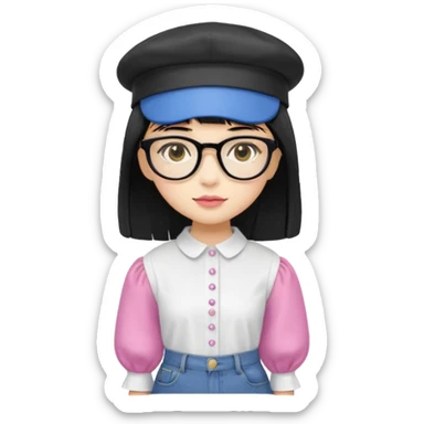 A yellow-skinned girl with medium-long straight black hair, flat bangs, black frame glasses, a white puffy sleeve doll shirt, blue jeans and pink shoes, and a black painter's hat. sticker